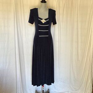 Vintage Cache womens S8 Navy  short Sleeve sweetheart neck Dress slinky pullover